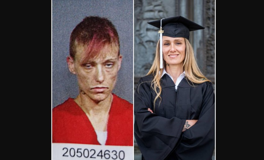 On the left is a police mug shot of a woman with a hollow and diseased face. Her baggy, half-closed eyes droop with addiction and exhaustion. Her dark hair is cropped nearly to the skin save for a lock of dyed-pink bangs hanging over sunken brows. Virginia Burton, eight years clean of drugs, will graduate this week from the University of Washington at age 48.