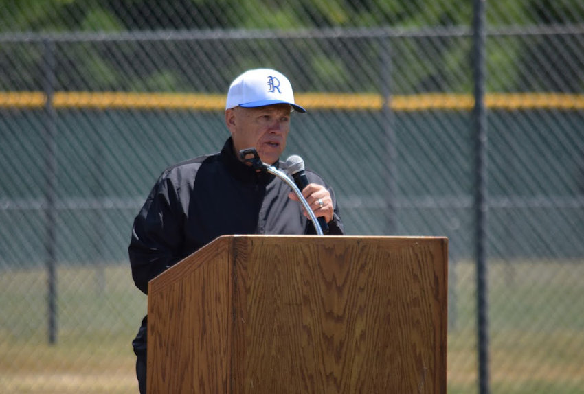 Former Rochester baseball coach Larry Heinz, who was Justin Rotter's teacher, coach and colleague, talks during a field rededication ceremony  to rename the field Heinz-Rotter Field on June 5, 2021. Heinz died on Wednesday at the age of 76.