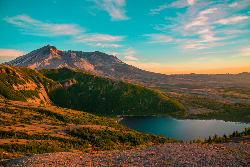 Mount St. Helens and Spirit Lake are seen from the Windy Ridge Trail at sunset on Thursday, June 24.