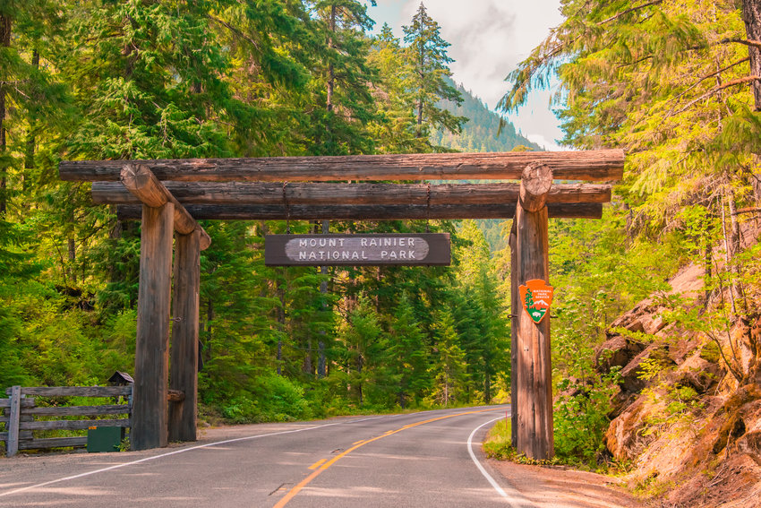 The Mount Rainier National Park entrance near Packwood is seen Wednesday.