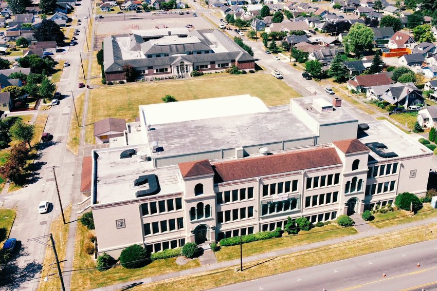 The R.E. Bennett building, in the foreground, and the Cascade elementary school building are pictured from above.