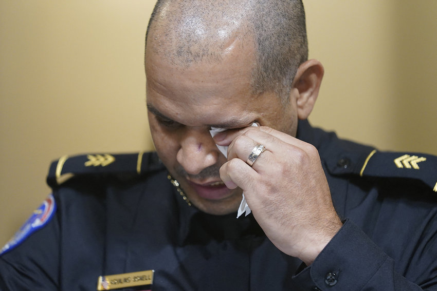 U.S. Capitol Police Sgt. Aquilino Gonell wipes his eyes as he testifies during the House select committee hearing on the Jan. 6 attack on Capitol Hill in Washington, DC, USA, on Tuesday, July 27, 2021. (Andrew Harnik/Pool/ABACAPRESS.COM/TNS)