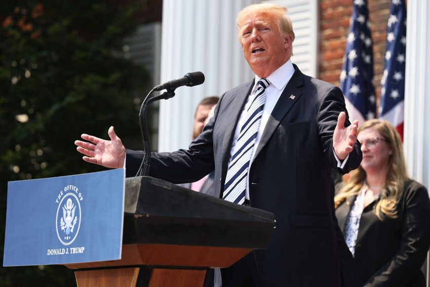Former U.S. President Donald Trump speaks during a press conference announcing a class action lawsuit against big tech companies at the Trump National Golf Club Bedminster on July 7, 2021 in Bedminster, New Jersey. (Michael M. Santiago/Getty Images/TNS)