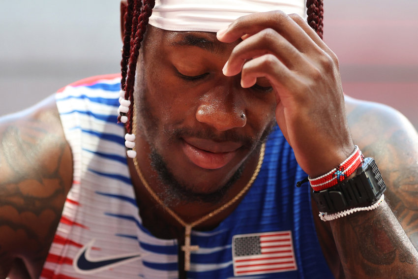 Cravon Gillespie of Team United States reacts after coming in sixth in Heat 2 of the men's 4x100-meter Relay at the Tokyo Olympics on Thursday, August 5, 2021.