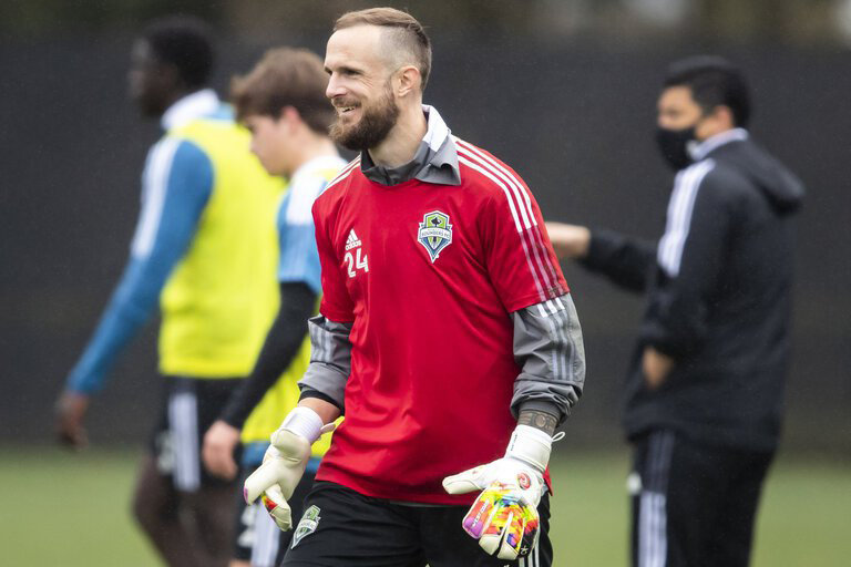 Veteran goalkeeper Stefan Frei is all smiles at the Seattle Sounders FC training facility Starfire Sports in Tukwila, March 20, 2021.