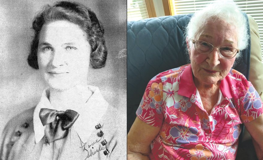 Shirley (French) Nelson is pictured at left in her graduation photograph and more recently at right.