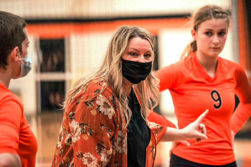 FILE PHOTO -- Napavine&rsquo;s Head Coach Monica Dailey talks to players during a match at home against Toledo earlier this season.