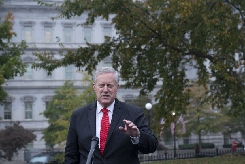 Former President Donald Trump's chief of staff, Mark Meadows, speaks to the media at the White House in Washington, D.C., on Oct. 21, 2020. Meadows, former Trump aide Steve Bannon and two others have been subpoened to testify before the Jan. 6 House committee probing the insurrection. (Chris Kleponis/Pool/Abaca Press/TNS)