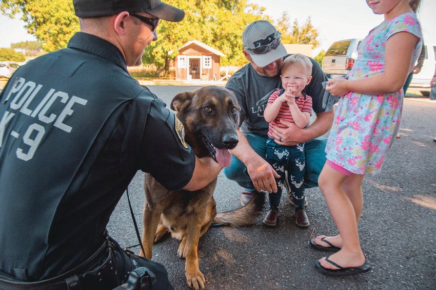 K-9 officer Stephen Summers brings out Samson to meet kids during a &ldquo;Back the Blue&rdquo; event in Adna on Saturday.