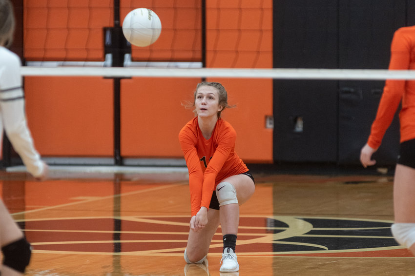 FILE PHOTO - Napavine sophomore Nikki Ahmann digs the ball in the Tigers match with Rainier Monday night.