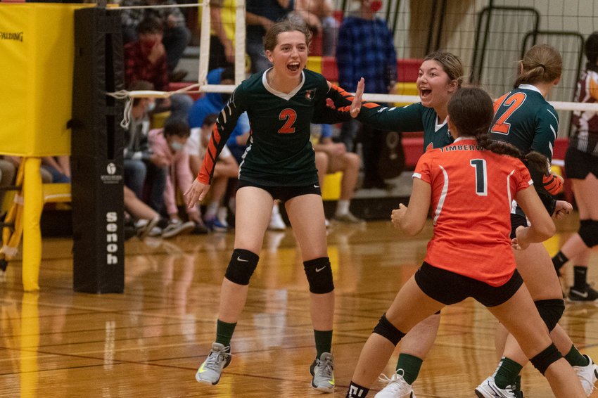 FILE PHOTO -- MWP setter Chloe Kelly celebrates a kill in the Timberwolves loss to Winlock Sept. 28.