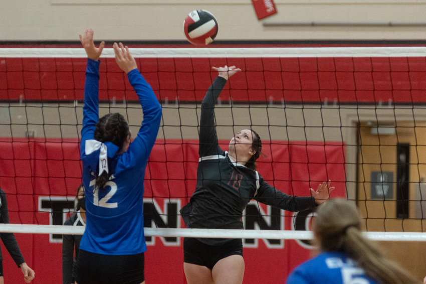 FILE PHOTO -- Tenino senior Brittany Maynard goes for a spike in the Beavers loss to Elma Sept. 30.