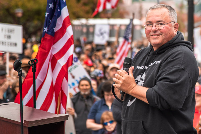 Loren Culp smiles while addressing crowds during a &ldquo;Medical Freedom Rally&rdquo; in Olympia last October outside the Washington State Capitol Building.