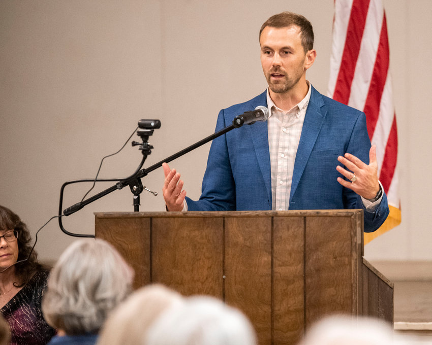 FILE PHOTO &mdash; Commissioner Sean Swope speaks to attendees of a Lewis County Republicans meeting Monday in Winlock on the topic of filling the District 3 commissioner position.