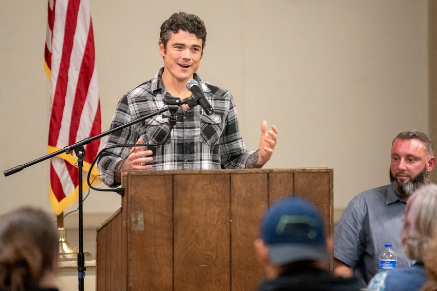 Joe Kent asks for support from voters in his race against Jaime Herrera Beutler during a public meeting in Winlock earlier this year.