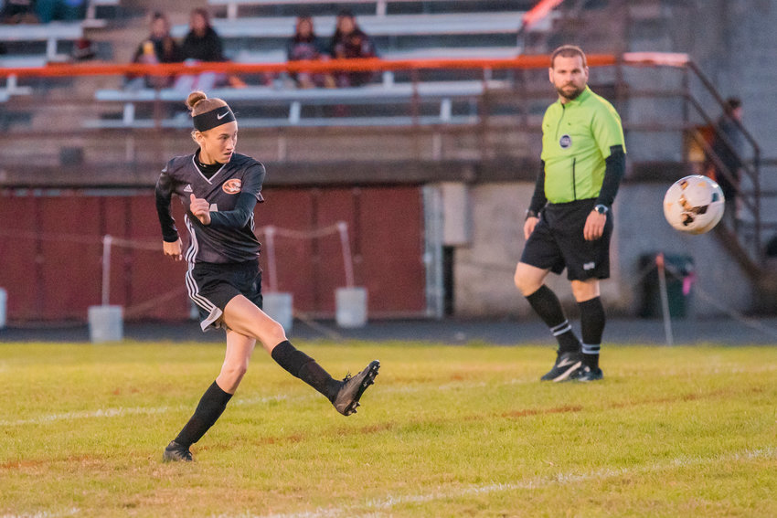 FILE PHOTO -- Napavine&rsquo;s Grace Pancake (4) scores a goal Wednesday night during a game against Forks at Tiger Field earlier this season.