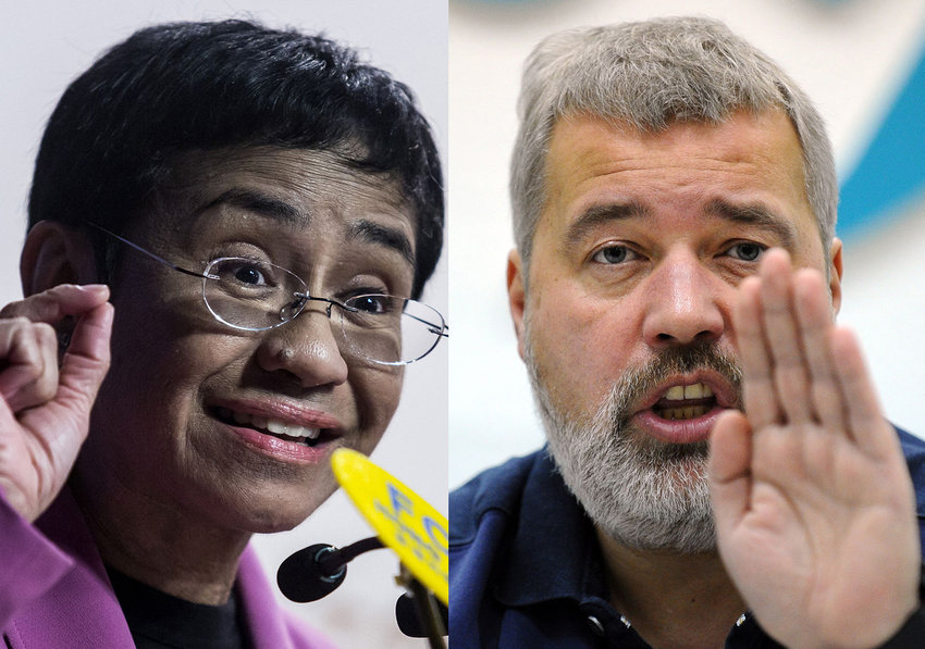 This file combination of pictures created on Oct. 8, 2021, shows Maria Ressa (left), co-founder and CEO of the Philippines-based news website Rappler, speaking at the Human Rights Press Awards at the Foreign Correspondents Club of Hong Kong on on May 16, 2019 and Dmitry Muratov, editor-in-Chief of Russia's main opposition newspaper Novaya Gazeta gestures as he speaks during a news conference in Moscow, on Dec. 11, 2012. (Isaac Lawrence/Yuri Kadobnov/AFP via Getty Images/TNS)