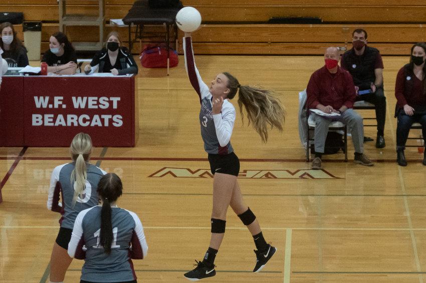 W.F. West senior Amelia Etue goes up for a spike against Aberdeen Oct. 26.