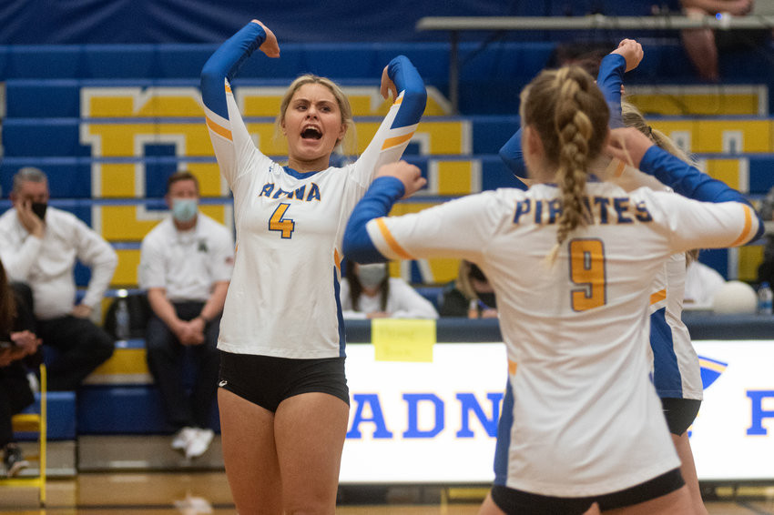 Adna outside hitter Madison Fay celebrates after a point in the District 4 quarterfinals Oct. 30.