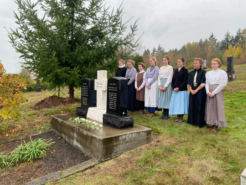 The fire caused the deaths of Bertha Crown, 14; Sadie Westfall, 16; Eva Gilmore, 16; Tillie Rosbach, 18; Vera Mulford, 14; Ethel Tharp, 20; Bertha Hagle, 16; and Ethel Henry, 18. All were from Chehalis.     The girls who represented them Monday dressed in 1910s clothing and laid out a white rose on the grave for each name called.