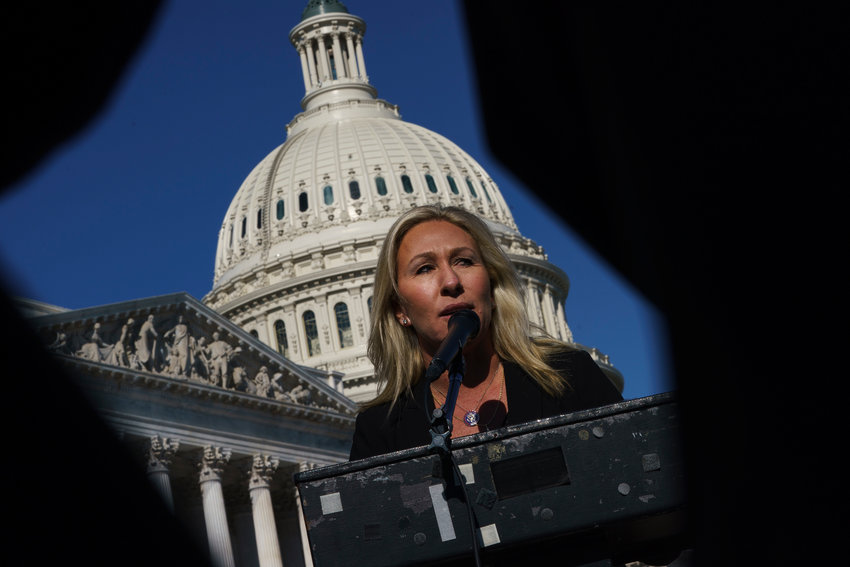 U.S. Rep. Marjorie Taylor Greene, R-Ga., speaks during a news conference outside the U.S. Capitol on Feb. 5, 2021, in Washington, D.C. (Drew Angerer/Getty Images/TNS)