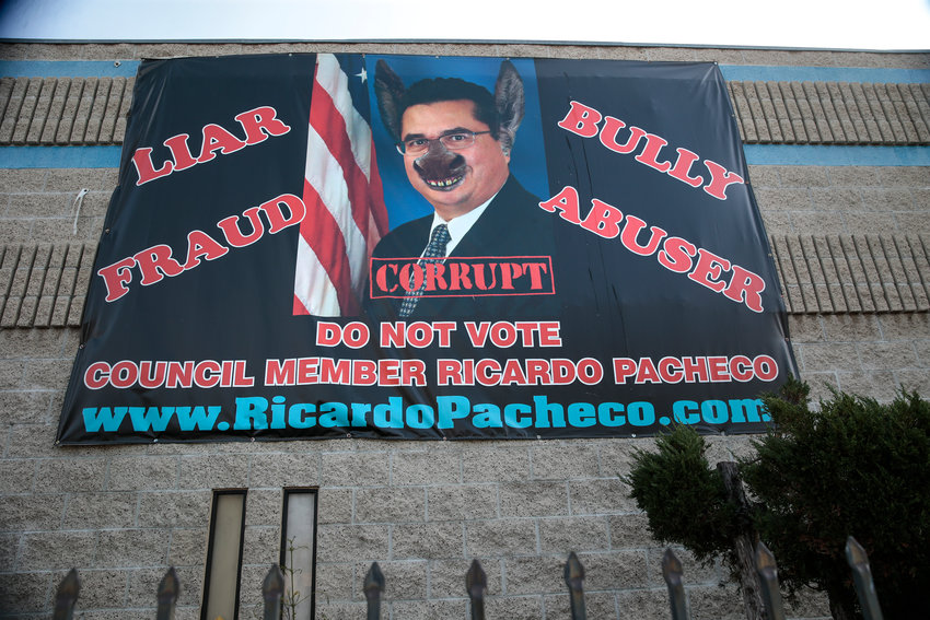 Former Baldwin Park Council Member Ricardo Pacheco was labeled &quot;corrupt&quot; in a sign hung outside a business, Jan. 16, 2020 in Baldwin Park, California. (Robert Gauthier/Los Angeles Times/TNS)