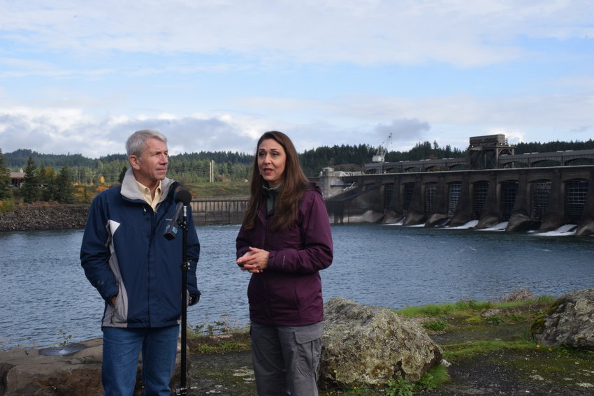 U.S. Reps. Jaime Herrera Beutler and Kurt Schrader discuss a visit to the Bonneville Dam on Nov. 10.