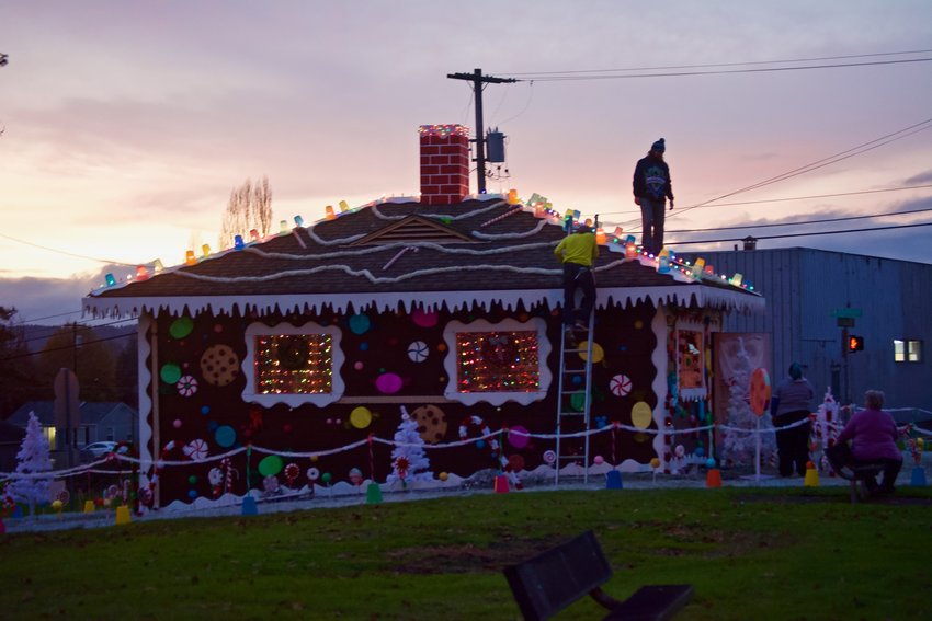 The gingerbread house in Chehalis was receiving finishing touches on Saturday evening.
