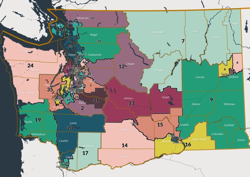 The map agreed on by the Washington State Redistricting Commission for new boundaries of Washington State Legislative Districts.