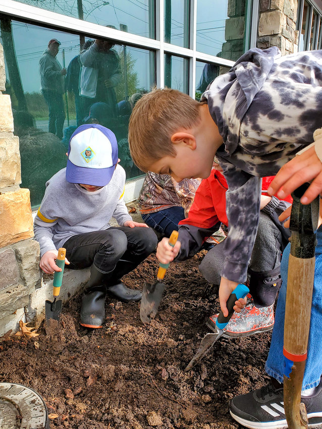 Pack #443 scouts dig holes for tulip bulbs at the Battle Ground Community Center.