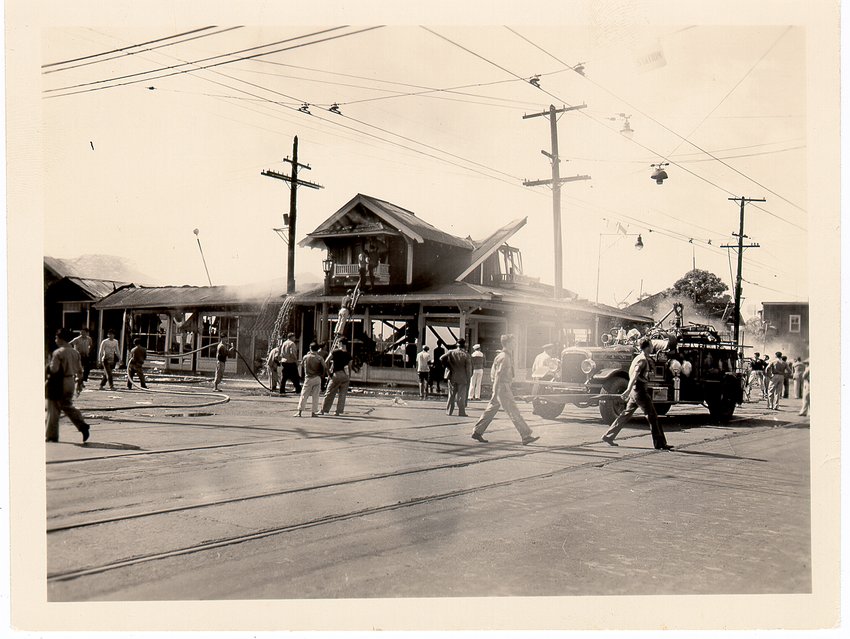​​Some of the heaviest civilian damage during the Japanese attack on Pearl Harbor occurred at King and McCully streets. An incendiary bomb set fire to a drug store on the corner and flames spread to level a wide area before the fire department brought it under control. The photo above, taken by the Honolulu Star-Bulletin, shows the drug store that Hatsue Hirata saw damaged.