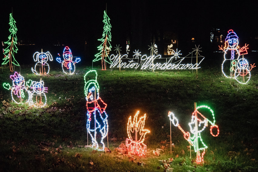 Lights illuminate characters and the words &ldquo;Winter Wonderland&rdquo; during the Christmas lights drive-through at Fort Borst Park in Centralia.