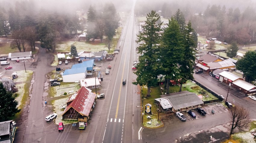 Fog fills the air over downtown Packwood after a light snow in December 2021.