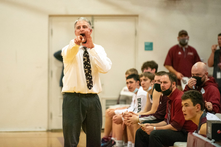 W.F. West coach Chris White calls out instructions to his team during a home match against Shelton on Dec. 8.