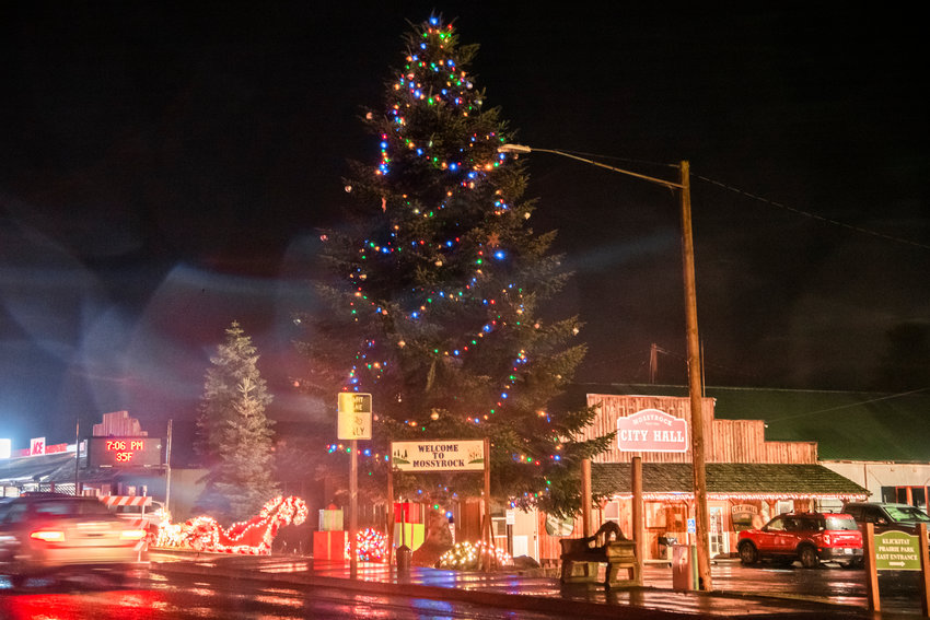 Lights illuminate a tree outside Mossyrock City Hall in December 2021.