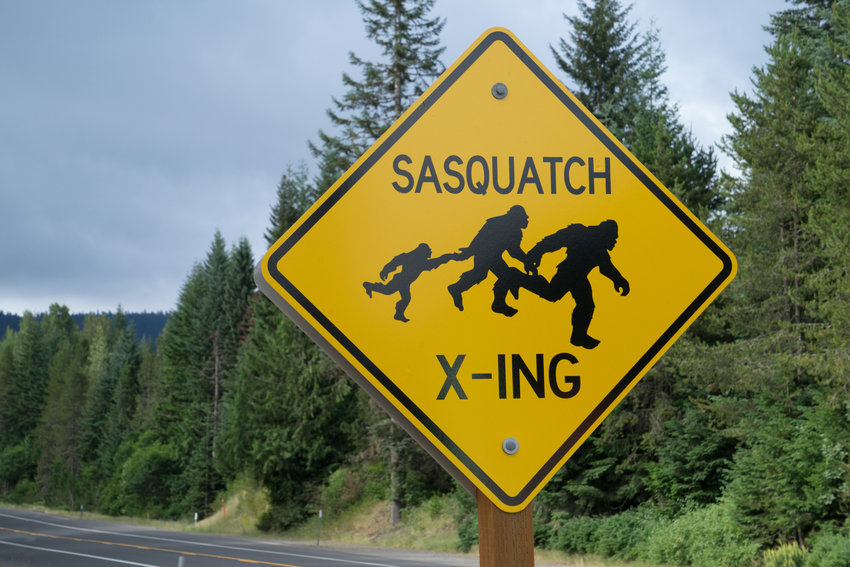 A Sasquatch crossing sign in the Oregon wilderness.