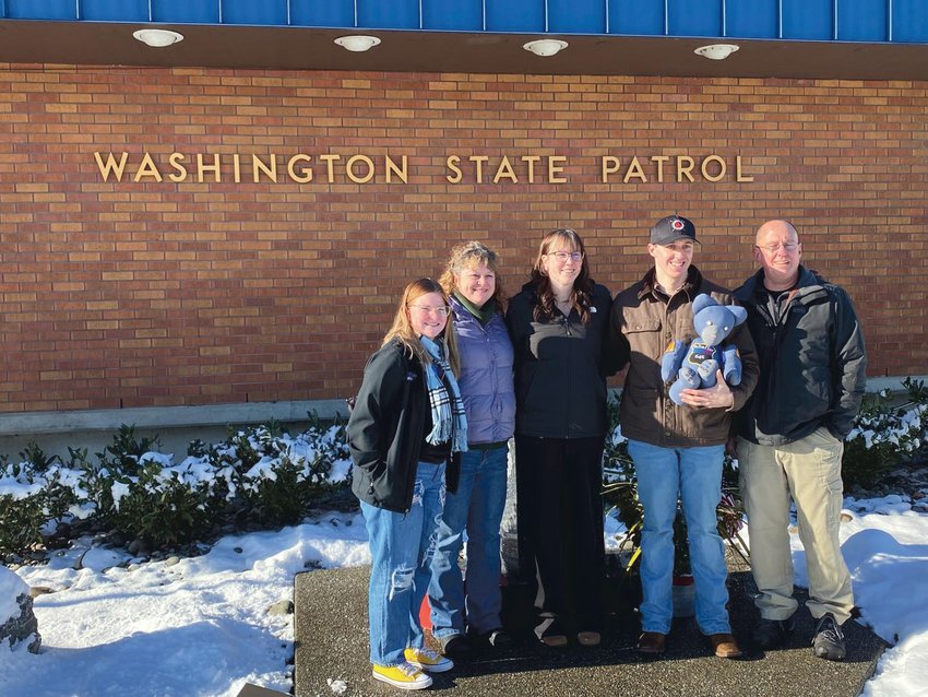 The nonprofit organization Blue Line Bears paid a visit to the Chehalis office of the Washington State Patrol Dec. 28 to honor the sacrifice of Trooper Justin Schaffer, who was killed while attempting to deploy spike strips on Interstate 5 in March 2020.