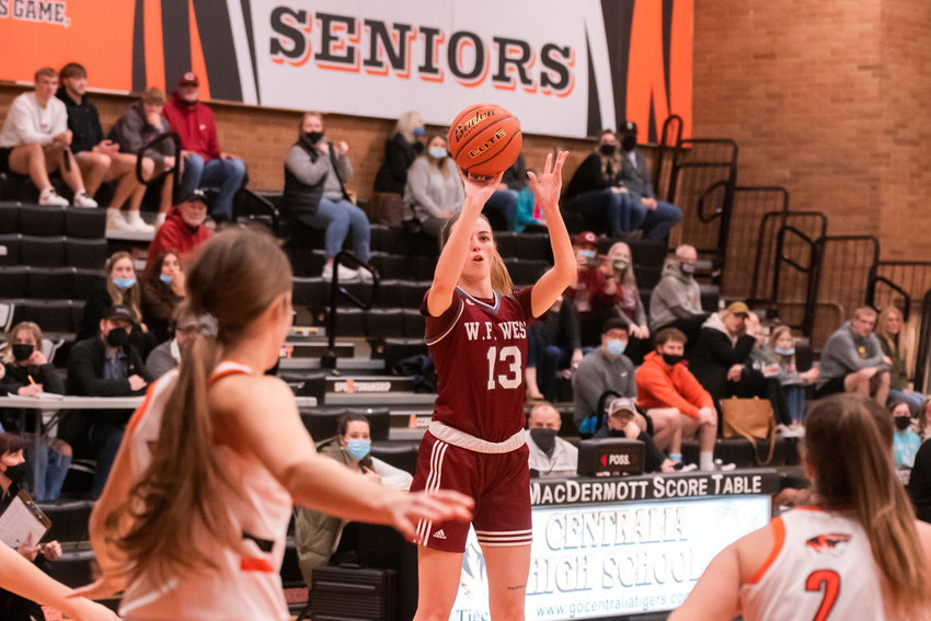 W.F. West senior Drea Brumfield (13) looks to shoot during a game against the Tigers on Ron Brown Court in Centralia Tuesday night in a Swamp Cup rivalry matchup.