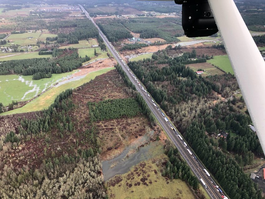 Interstate 5 traffic in Lewis County is seen stalled Friday in this photograph from the Washington State Patrol.