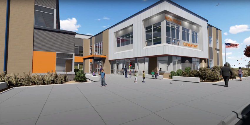 Here&rsquo;s a rendition of the front of the planned elementary school in the Ridgefield School District if voters approve a $62.6 million construction bond in the Feb. 8 special election.