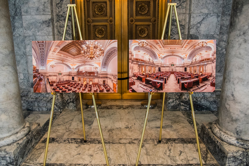 Photos of the Washington state House and Senate floors were in place inside the state Capitol amid COVID-19 restrictions preventing access in January.