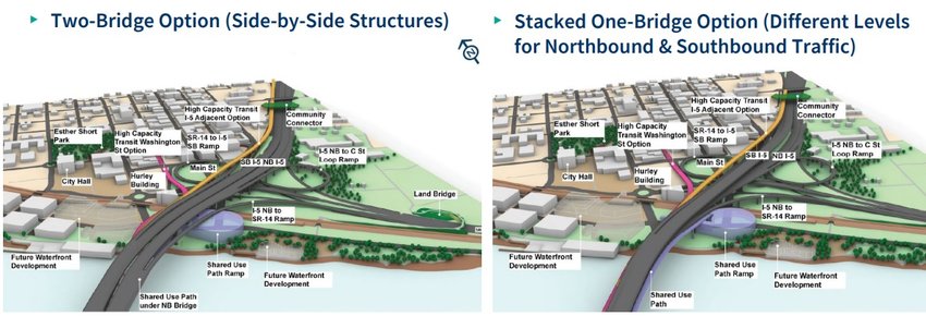Conceptual models of two potential designs for the Interstate Bridge Replacement Project show of how the completed project could look on the Washington side of the Columbia River.
