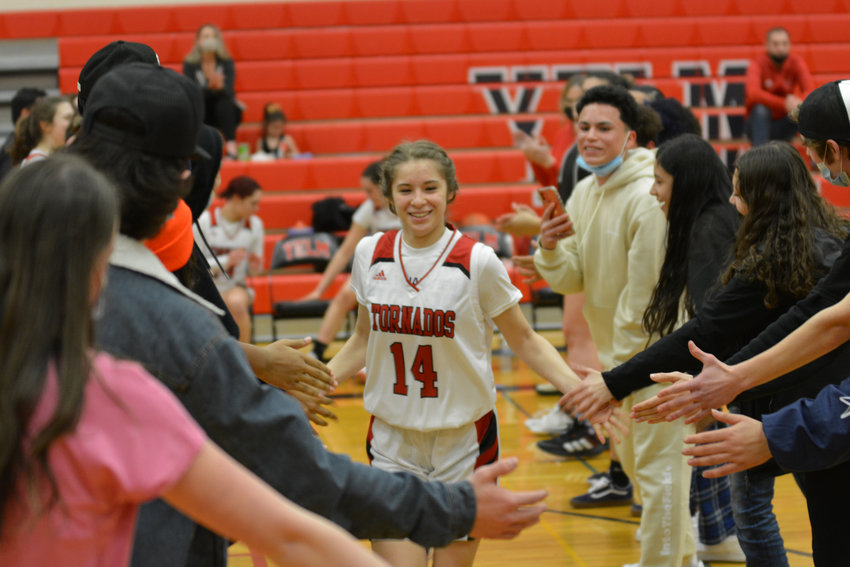 Sadie Tanner makes her entrance at a game against Mount Tahoma on Feb. 11.