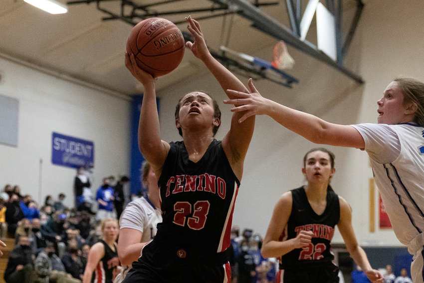 Tenino forward Alivia Hunter drives for a layup against La Center in the 1A District IV semifinals Feb. 15.