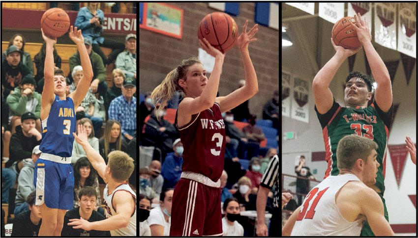 From left: Adna&rsquo;s Braeden Salme, W.F. West&rsquo;s Lexi Roberts and Morton-White Pass&rsquo; Josh Salguero take shots during their respective 2022 District 4 basketball tournament runs. All three teams enter the regional round of their state basketball tournaments this weekend.