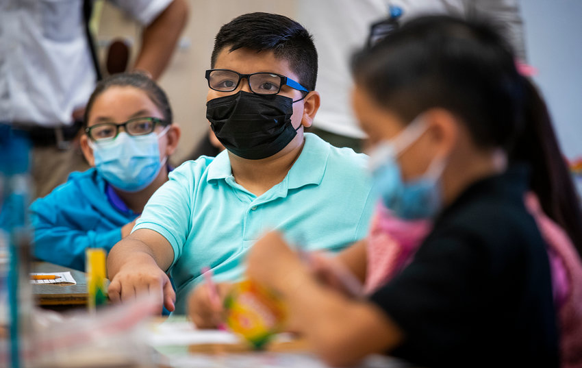 Third-grade dual-language students wear masks during class at Montara Avenue Elementary School in August. (Allen J. Schaben/Los Angeles Times/TNS)