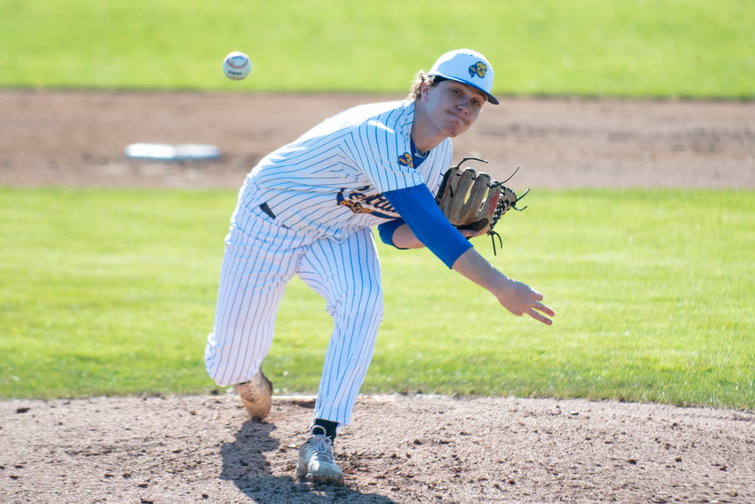 Centralia College pitcher Derek Beairsto delivers a pitch to Edmonds during a home game at Wheeler Field on Friday, Feb. 25.