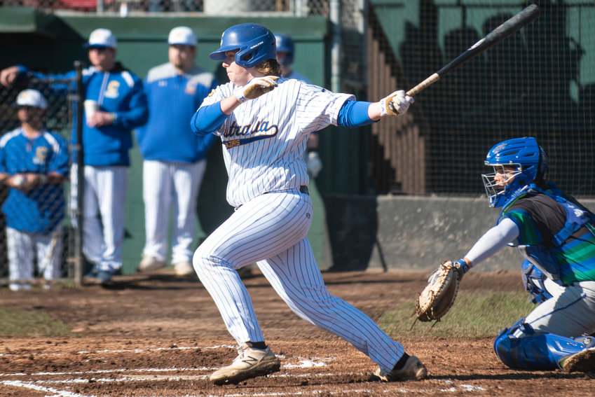 Centralia College outfielder Jeremy Vierra makes contact during a home game against Edmonds on Friday, Feb. 25 at Wheeler Field.