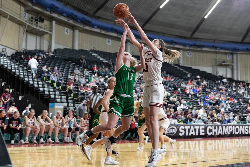 W.F. West forward Drea Brumfield swats away a shot attempt against Lynden in the 2A State Tournament at the Yakima Valley SunDome March 2.
