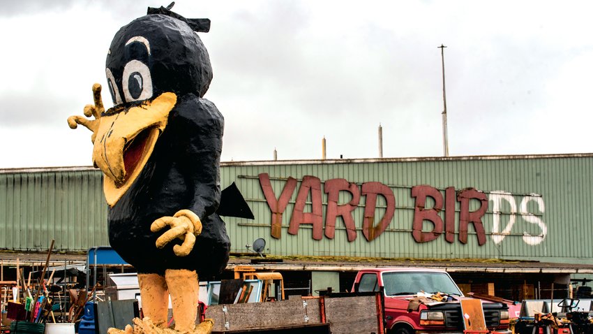 A Yard Birds statue is displayed outside the buidling Friday in Chehalis.